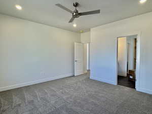 Unfurnished bedroom with recessed lighting, carpet flooring, and a ceiling fan