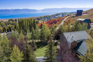 Aerial view of a water and mountain view