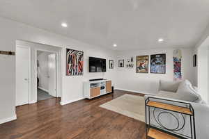 Living area featuring dark wood-type flooring and recessed lighting