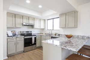 Kitchen featuring stainless steel range with electric stovetop, a raised ceiling, a peninsula, a breakfast bar, and light stone counters