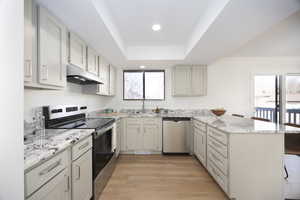 Kitchen featuring appliances with stainless steel finishes, a peninsula, a breakfast bar, under cabinet range hood, and a tray ceiling
