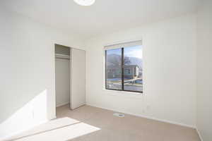 Unfurnished bedroom with a closet, carpet flooring, and a mountain view