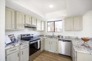 Kitchen featuring appliances with stainless steel finishes, cream cabinetry, light wood-type flooring, under cabinet range hood, and light stone counters