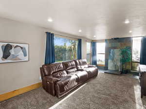 Carpeted living area featuring recessed lighting