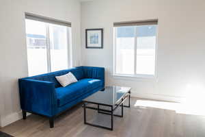 Living room with plenty of natural light and wood laminate floors