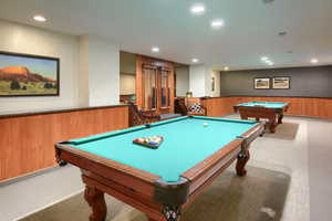 5th floor Game room with a wainscoted wall, wallpapered walls, billiards table, wood walls, and recessed lighting