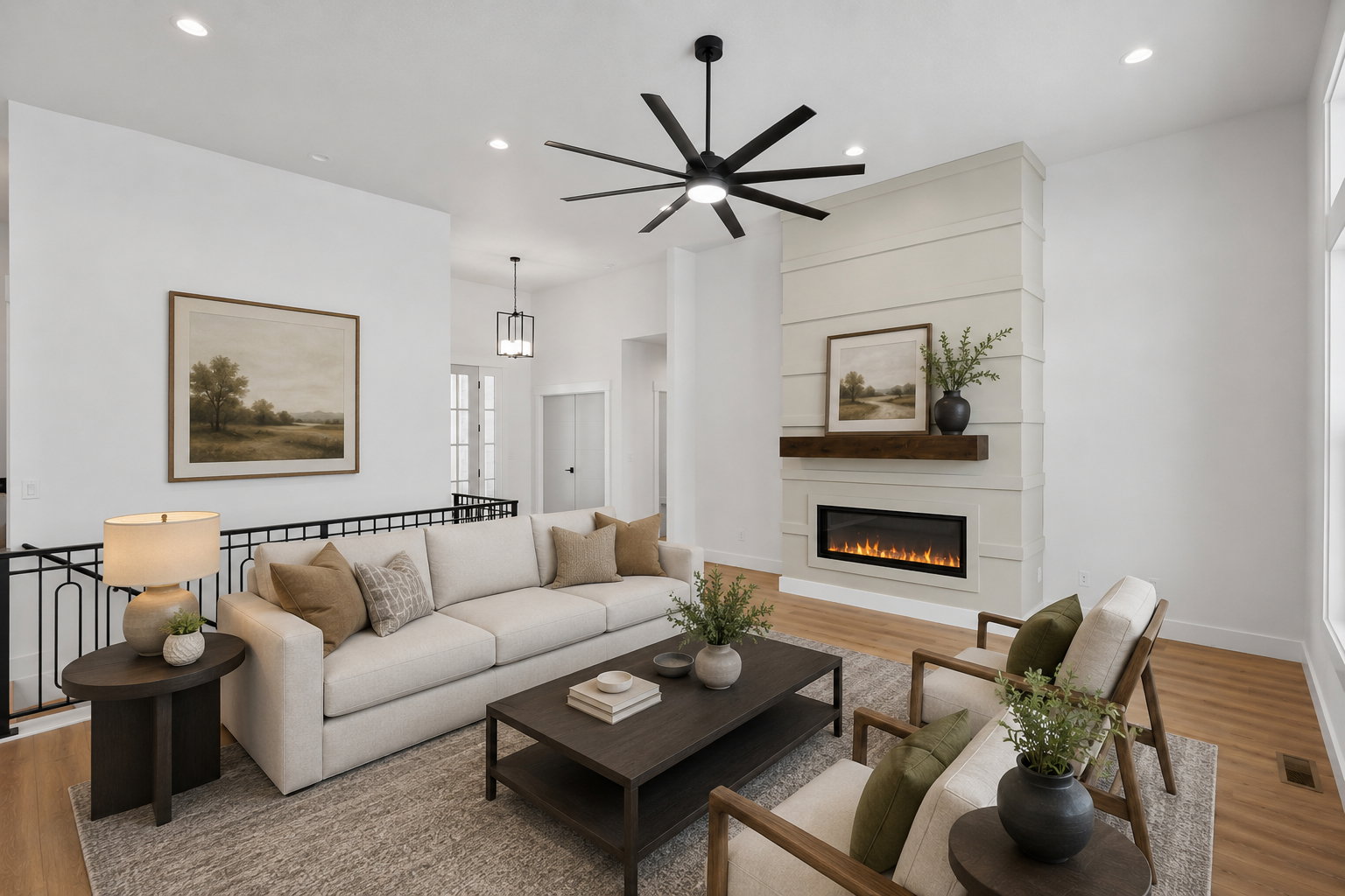 Living area with a contemporary fireplace featuring a shiplap surround and wood-finish mantel