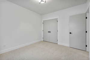 Room featuring light neutral-toned carpeting, white walls, and a modern ceiling light fixture