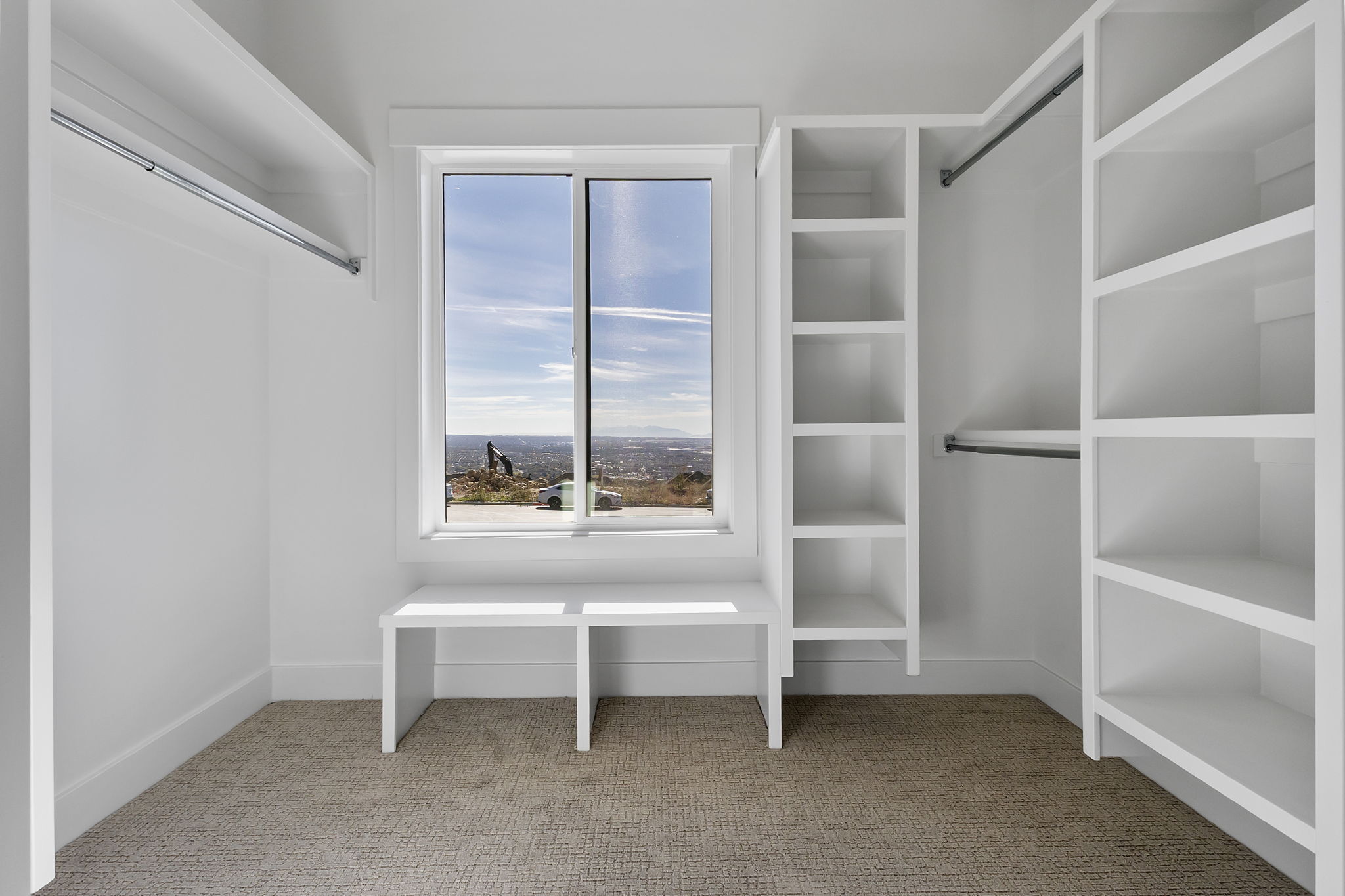 Walk in closet featuring light carpet