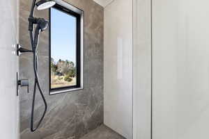 Bathroom view of tiled shower