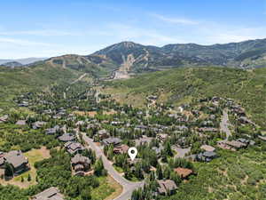 Aerial view of residential area with mountains
