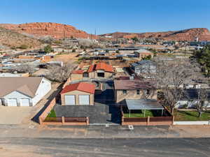 Aerial view of residential area with mountains