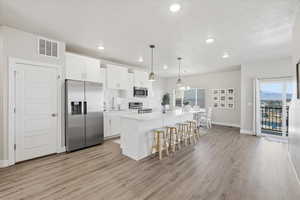 Kitchen with hanging light fixtures, stainless steel appliances, a center island with sink, white cabinets, and a breakfast bar