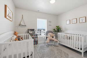 Bedroom with a crib and carpet