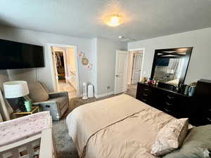 Bedroom featuring carpet floors, a textured ceiling, and a walk in closet