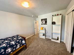 Bedroom featuring dark carpet, a textured ceiling, and a closet