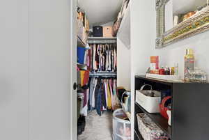 Spacious primary bedroom closet featuring light colored carpet