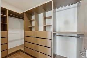 Walk in closet featuring light wood-style flooring