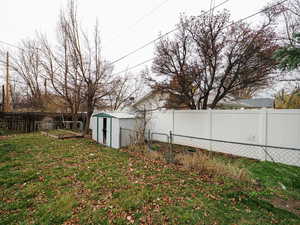 Fenced backyard with a shed