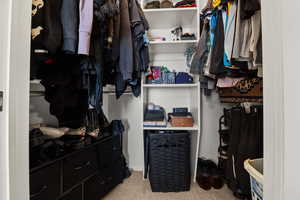 Walk in closet with light carpet