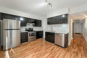 Kitchen with dark cabinets, stainless steel appliances, backsplash, light wood-style floors, and under cabinet range hood