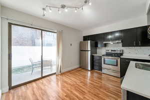 Kitchen with dark cabinets, stainless steel appliances, light wood-style flooring, and backsplash