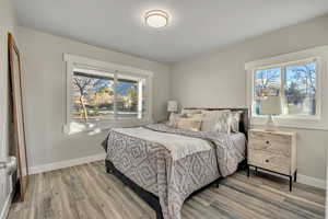 Bedroom featuring light wood-type flooring and multiple windows