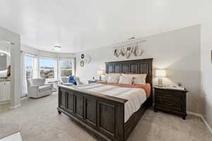Bedroom featuring light colored carpet