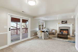 Living area featuring a tiled fireplace, carpet floors, plenty of natural light, and a textured ceiling