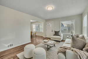 Living room featuring wood finished floors and a textured ceiling