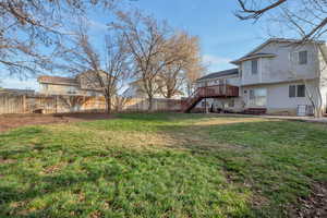 Fenced backyard with a deck and stairs
