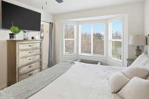 Bedroom featuring ceiling fan and multiple windows