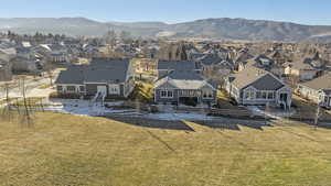 Aerial view of residential area with mountains