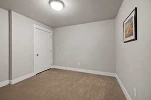 Carpeted spare room featuring a textured ceiling
