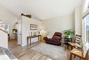 Living room with light wood-type flooring and high vaulted ceiling
