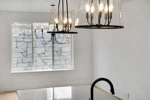 Detailed view of hanging lights and a sink