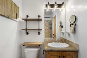 Bathroom with vanity and bathing tub / shower combination