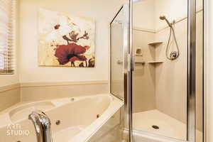 Bathroom with a stall shower and a whirlpool tub