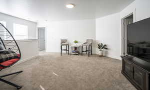 Living area featuring light colored carpet and a textured ceiling