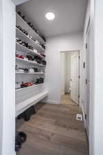 Walk in closet with light wood-type flooring
