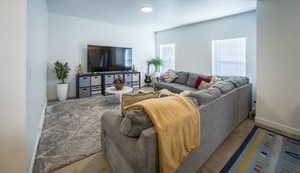 Living area with wood finished floors