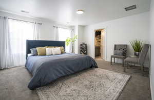 Bedroom with carpet and connected bathroom