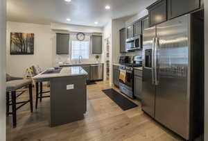 Kitchen with stainless steel appliances, light wood-style floors, a kitchen island, gray cabinetry, and a kitchen breakfast bar