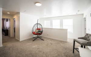 Playroom with light colored carpet and a textured ceiling