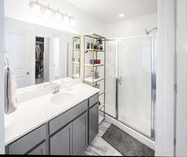 Full bathroom with a stall shower, a spacious closet, and vanity