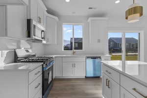 Kitchen featuring appliances with stainless steel finishes, dark wood-style flooring, white cabinetry, and recessed lighting