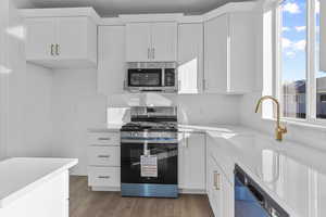 Kitchen with stainless steel appliances, white cabinets, dark wood-type flooring, and light stone counters
