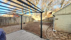 Fenced backyard featuring a patio and a pergola