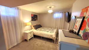 Bedroom featuring light colored carpet and a textured ceiling