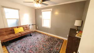 Bedroom featuring crown molding, wood finished floors, and ceiling fan and barn door doggy door to backyard
